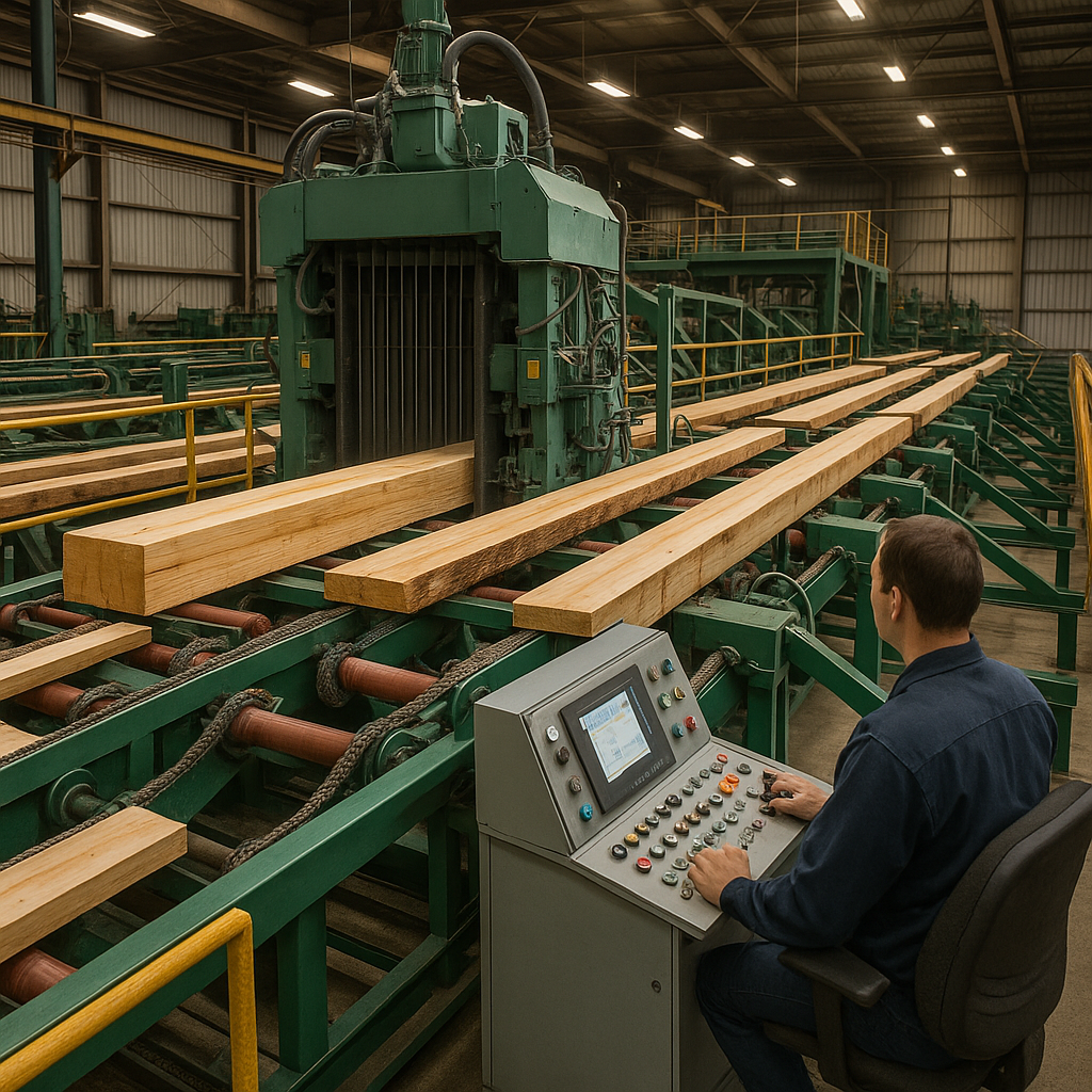 High-volume sawmill operation showing a custom gan